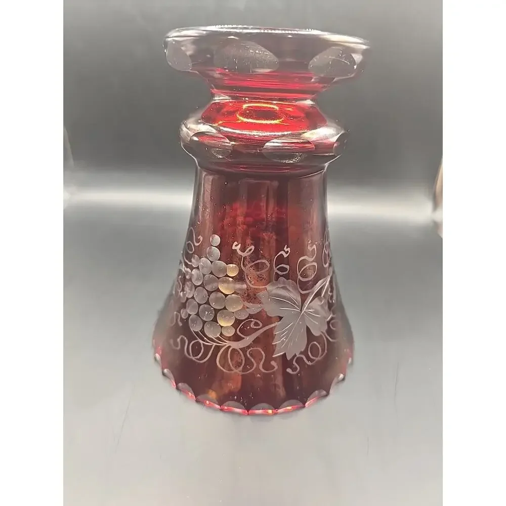 Vintage Egermann Style Ruby Cut To Clear Vase With Grapes and Vines 6